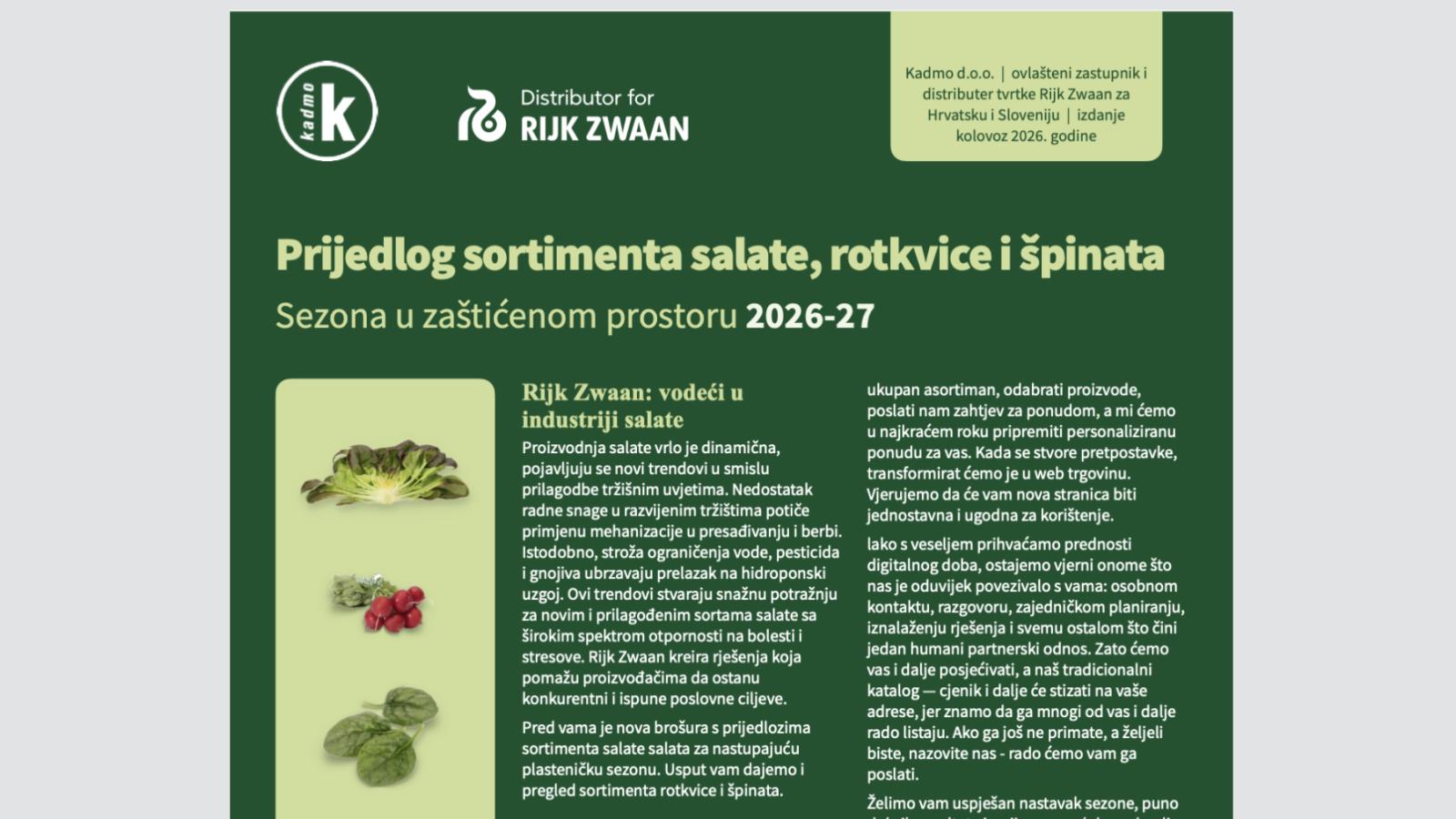 Nova brošura: Prijedlog sortimenta salate, rotkvice, špinata i blitve | sezona u zaštićenom prostoru 2026-27