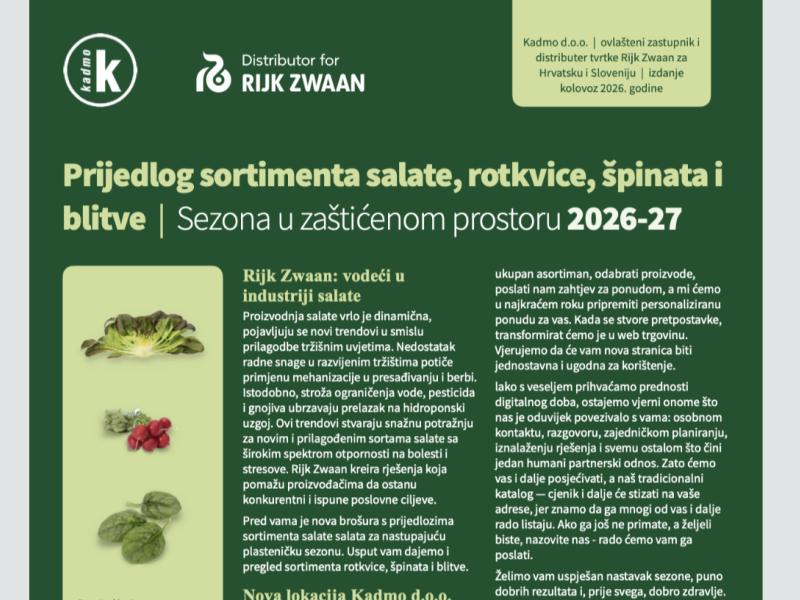 Nova brošura: Prijedlog sortimenta salate, rotkvice, špinata i blitve | sezona u zaštićenom prostoru 2026-27