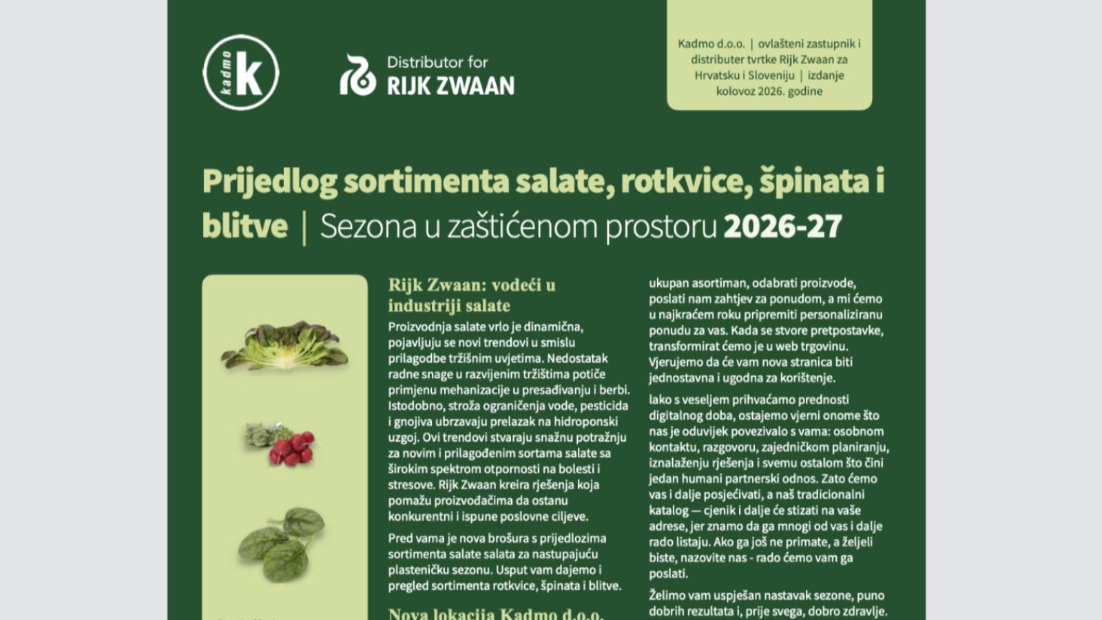 Nova brošura: Prijedlog sortimenta salate, rotkvice, špinata i blitve | sezona u zaštićenom prostoru 2026-27